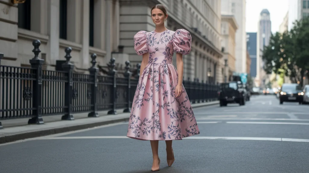 Puff-Sleeve Midi Dress